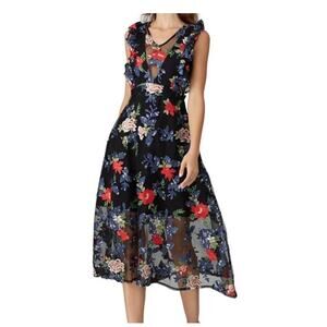 Vone Anthropologie Avalyn Floral Black Embroidered Dress Flutter Sleeves Size 12